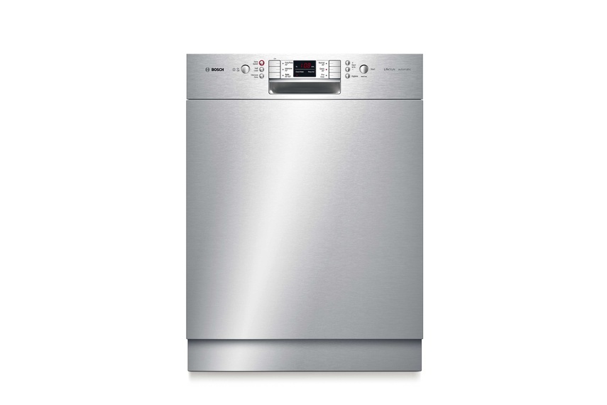 Stainless steel built-under dishwasher.