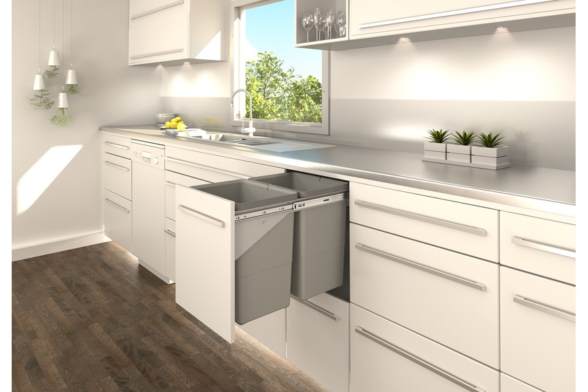 Tanova Simplex pull-out kitchen bin, fixed front or drawer type for 350mm cabinet.