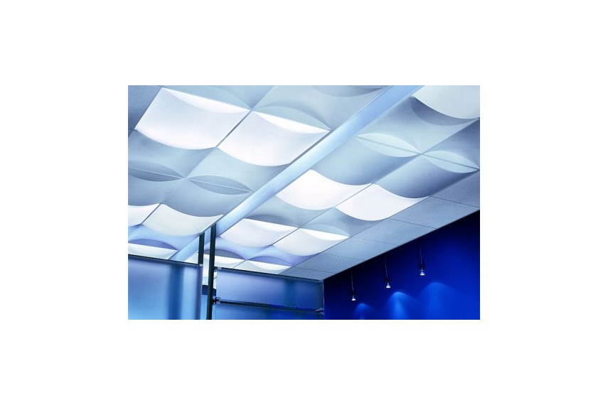 Billo 3-D luminous ceiling punctuate flat ceiling planes, creating a myriad of patterns
