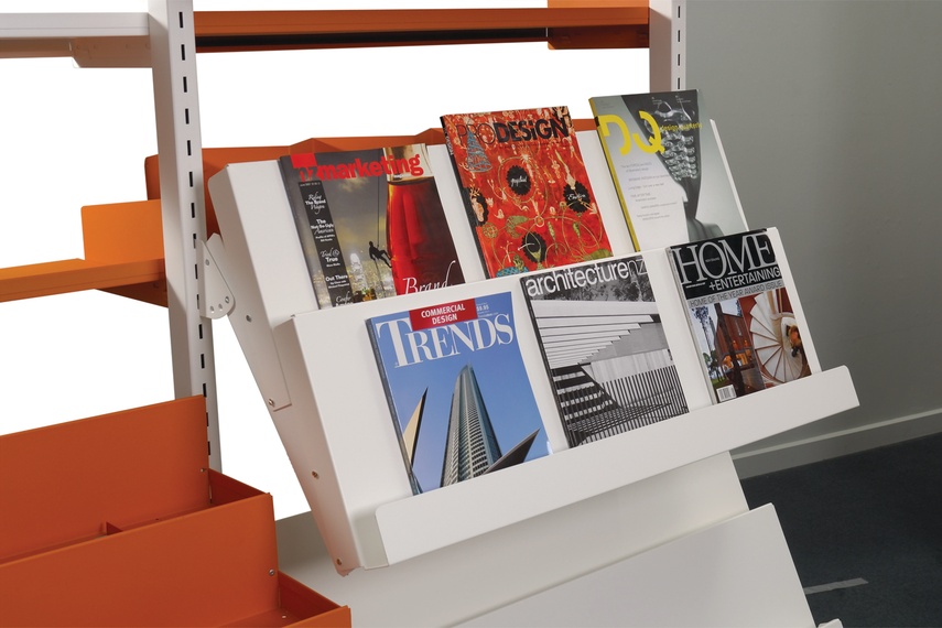 A fixed 2 or 3 tier angled shelf for the display of magazines