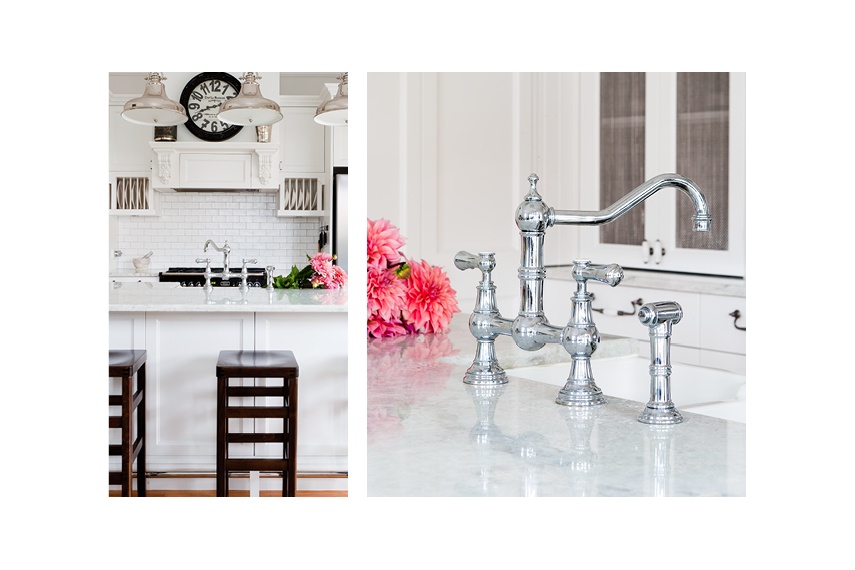 Perrin & Rowe Provence bridge-style kitchen tap with spray rinse in chrome