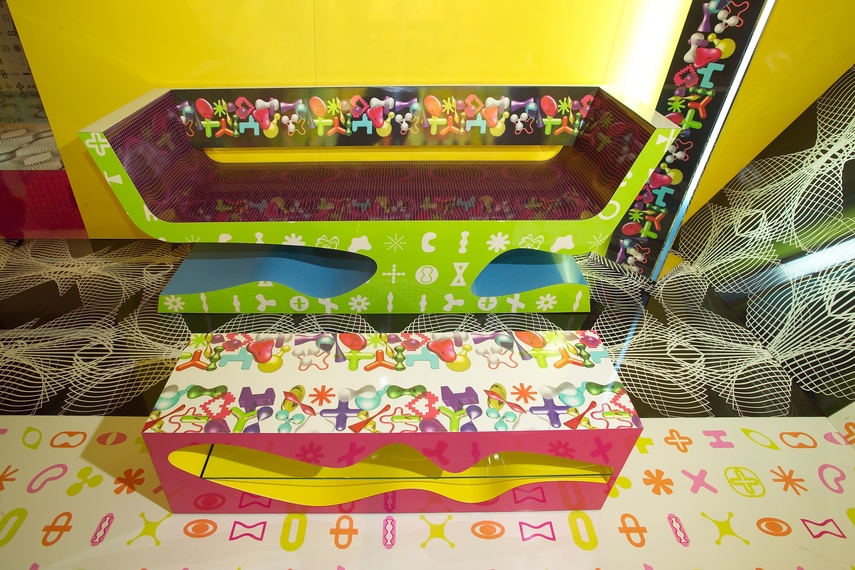 Couch and coffee table designed by Karim Rashid using Digitalia laminate from Abet Laminati