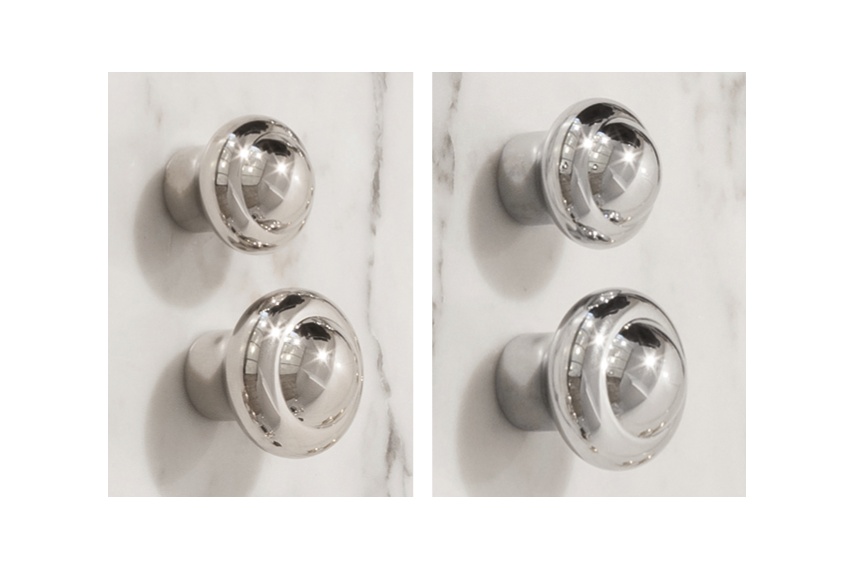 Perrin & Rowe cabinet knobs are available in two sizes – left: nickel, right: chrome