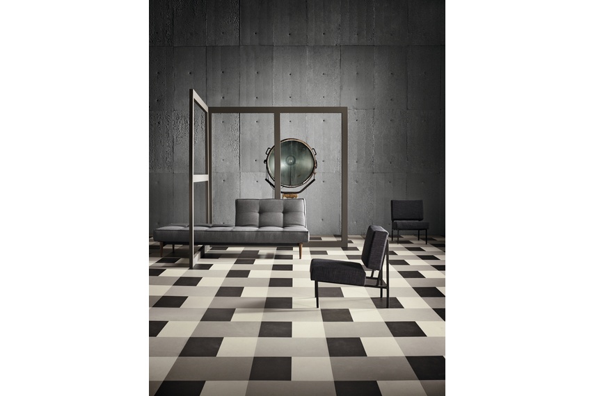 Marmoleum Modular tiles in a living room.