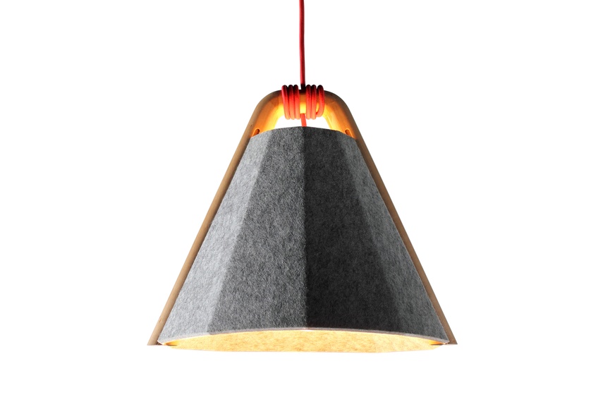 The Frankie pendant lighting system marries a finely crafted solid ash timber arm with a recycled felt panel shade.
